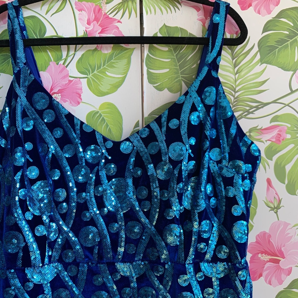 Vintage-inspired, sequin, blue Bettie Page dress